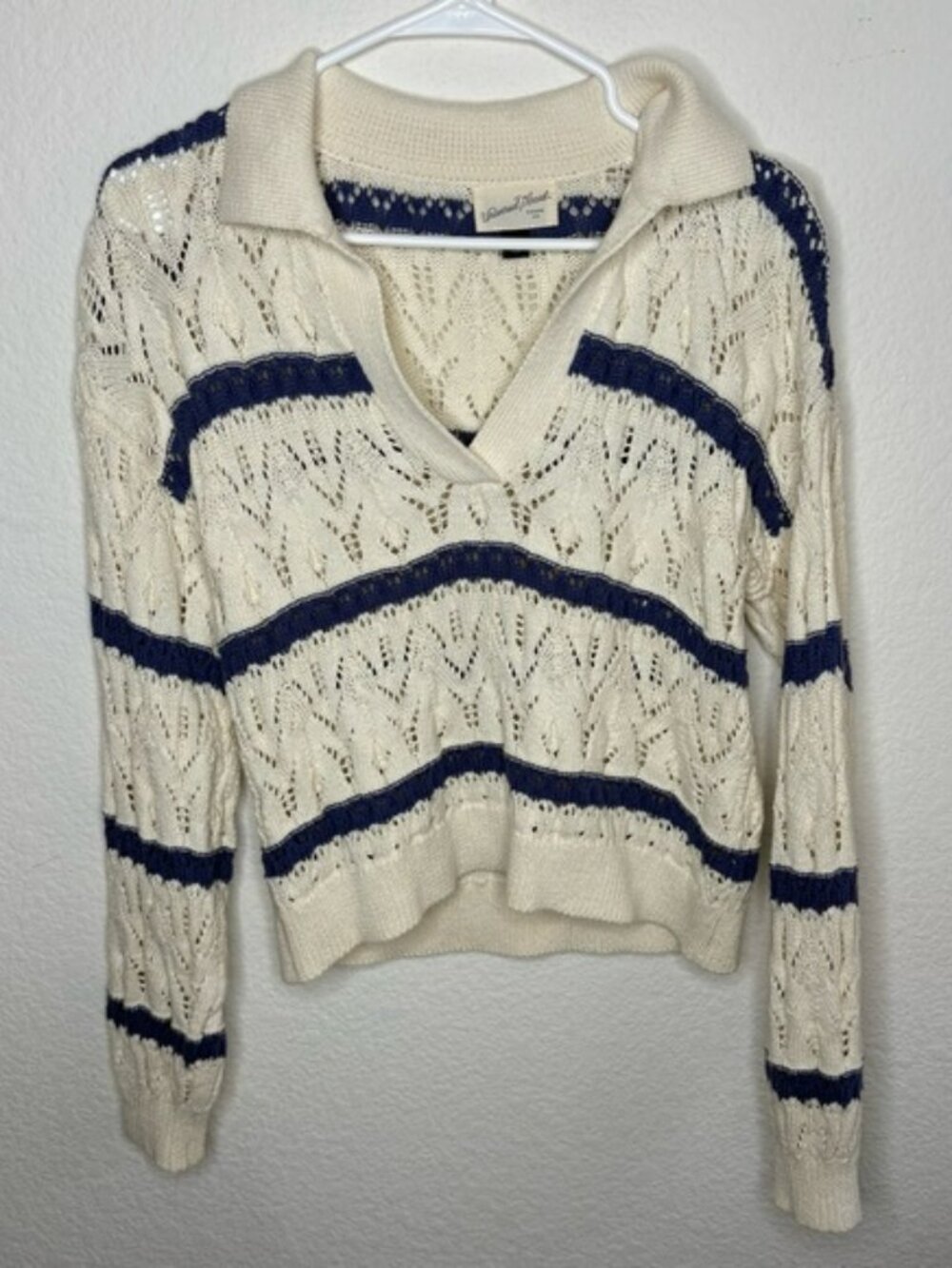 100% cotton blue and cream striped Open-Knit Collared Sweater